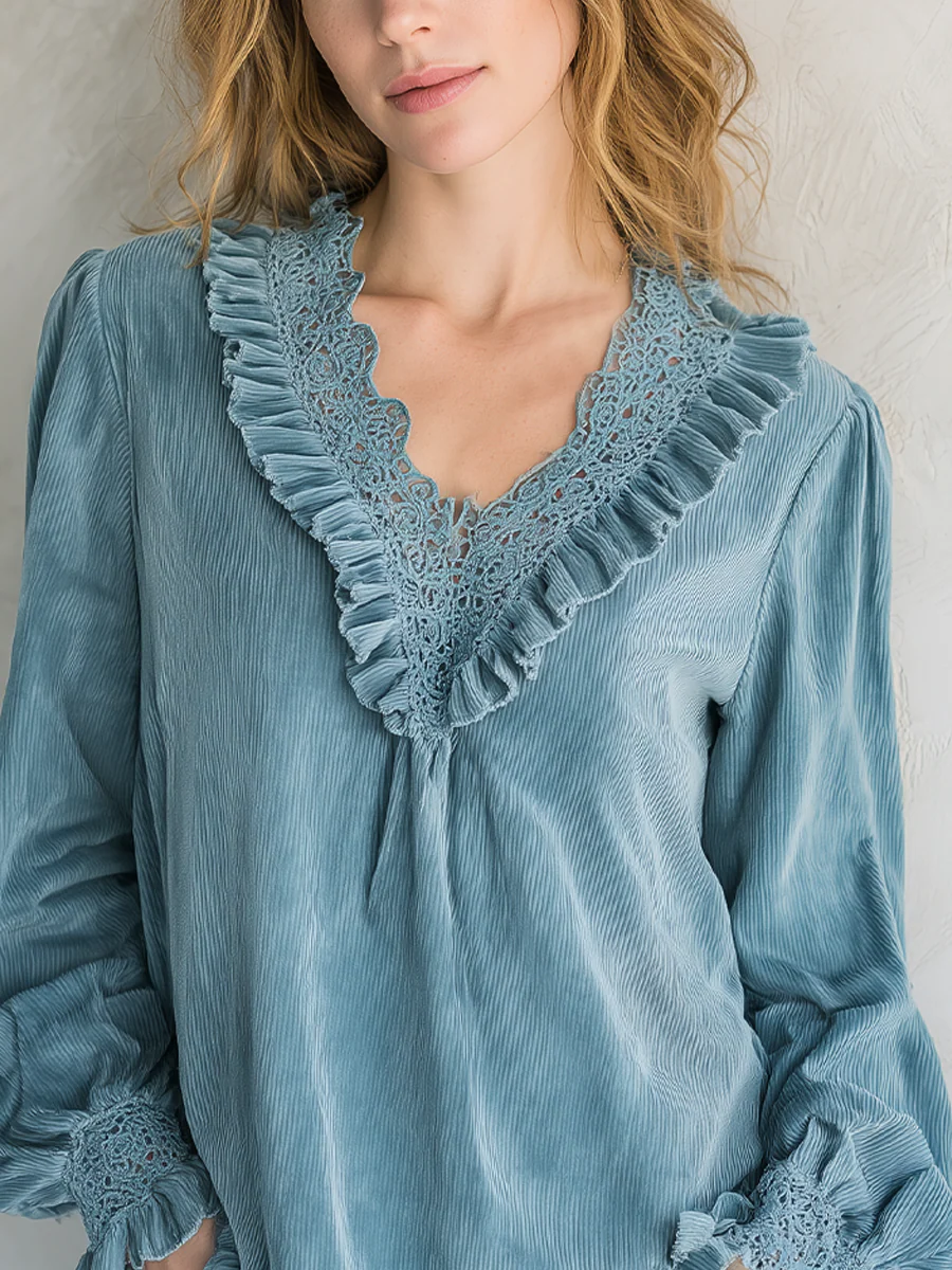 Bohemian Gray-blue Lace Corduroy Shirt - Image 3