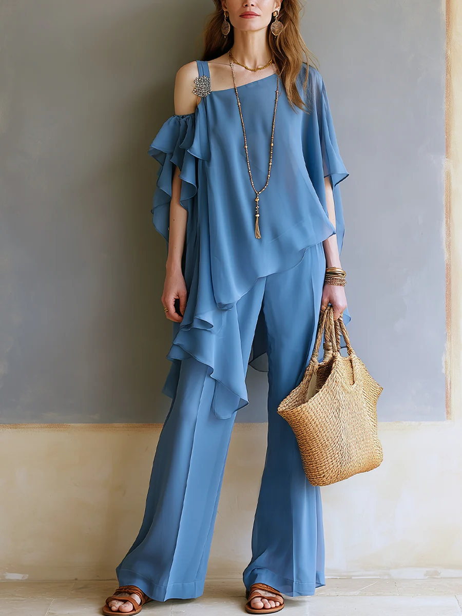 Bohemian Gray-blue Layered Ruffled Trouser Suit