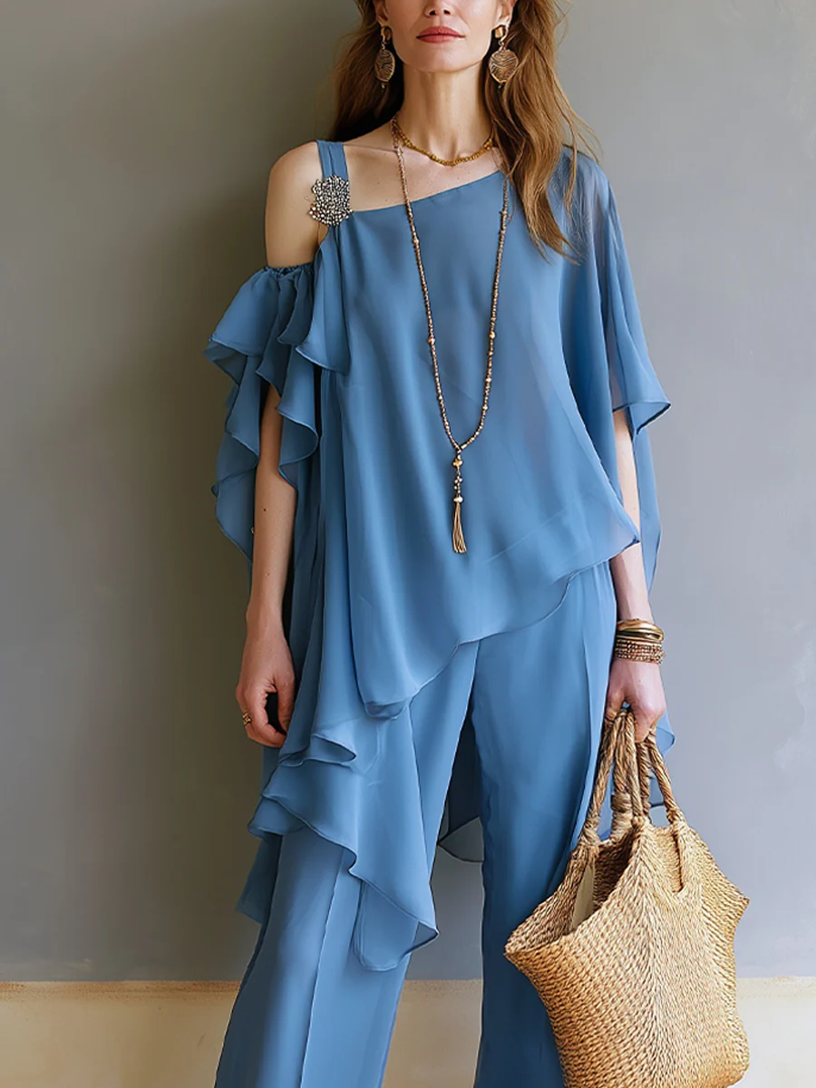 Bohemian Gray-blue Layered Ruffled Trouser Suit - Image 2