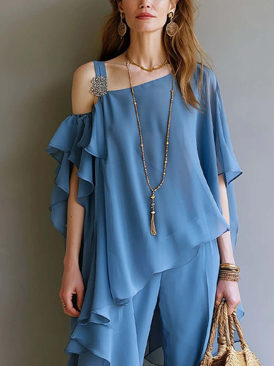 Bohemian Gray-blue Layered Ruffled Trouser Suit - Image 3