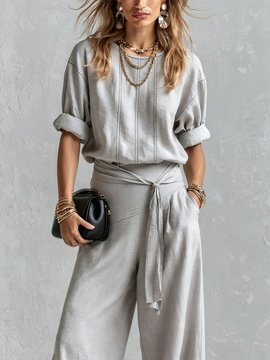 Bohemian Gray Cotton Linen Top And Wide-leg Pants Set - Image 2