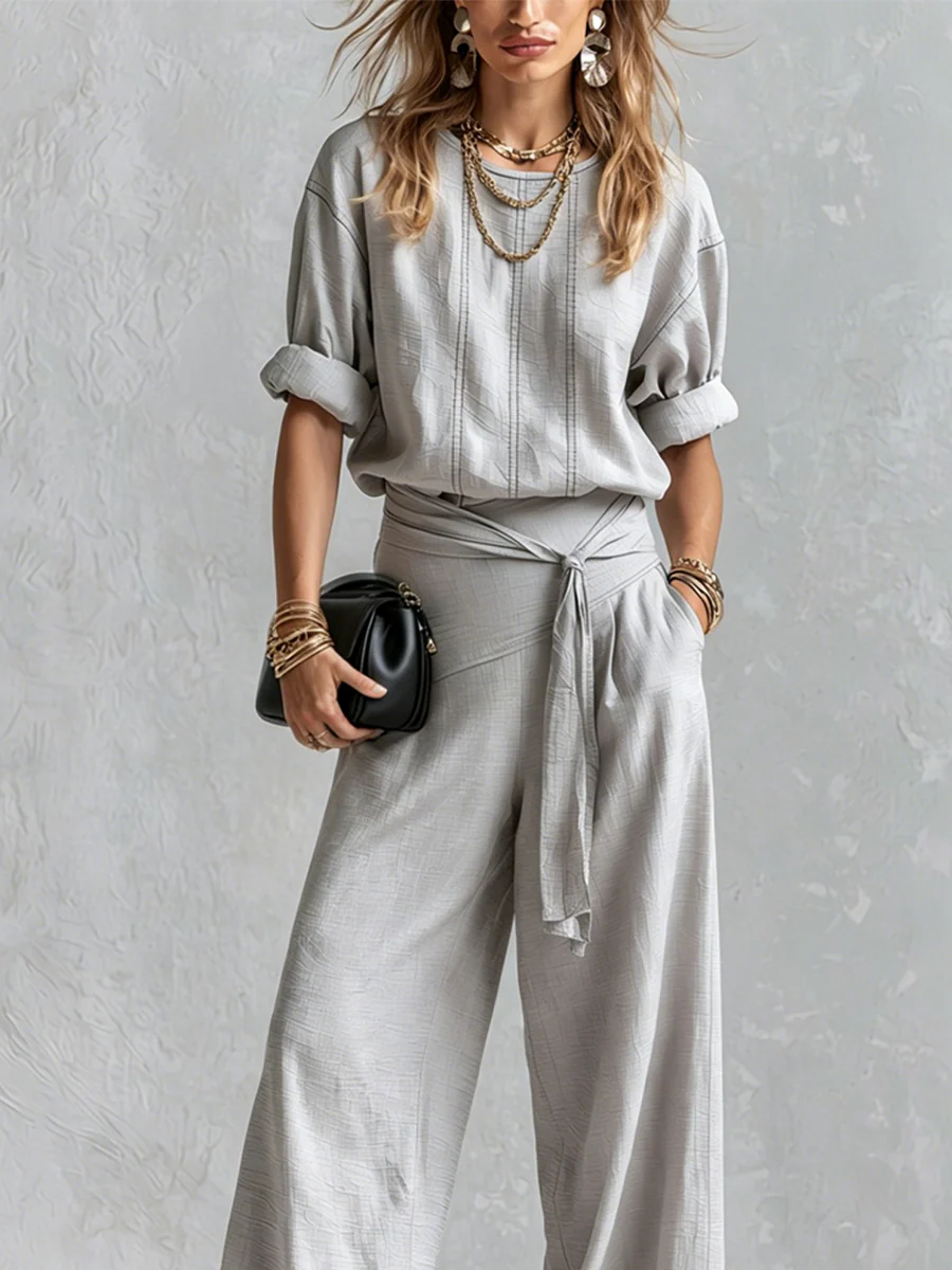 Bohemian Gray Cotton Linen Top And Wide-leg Pants Set - Image 3