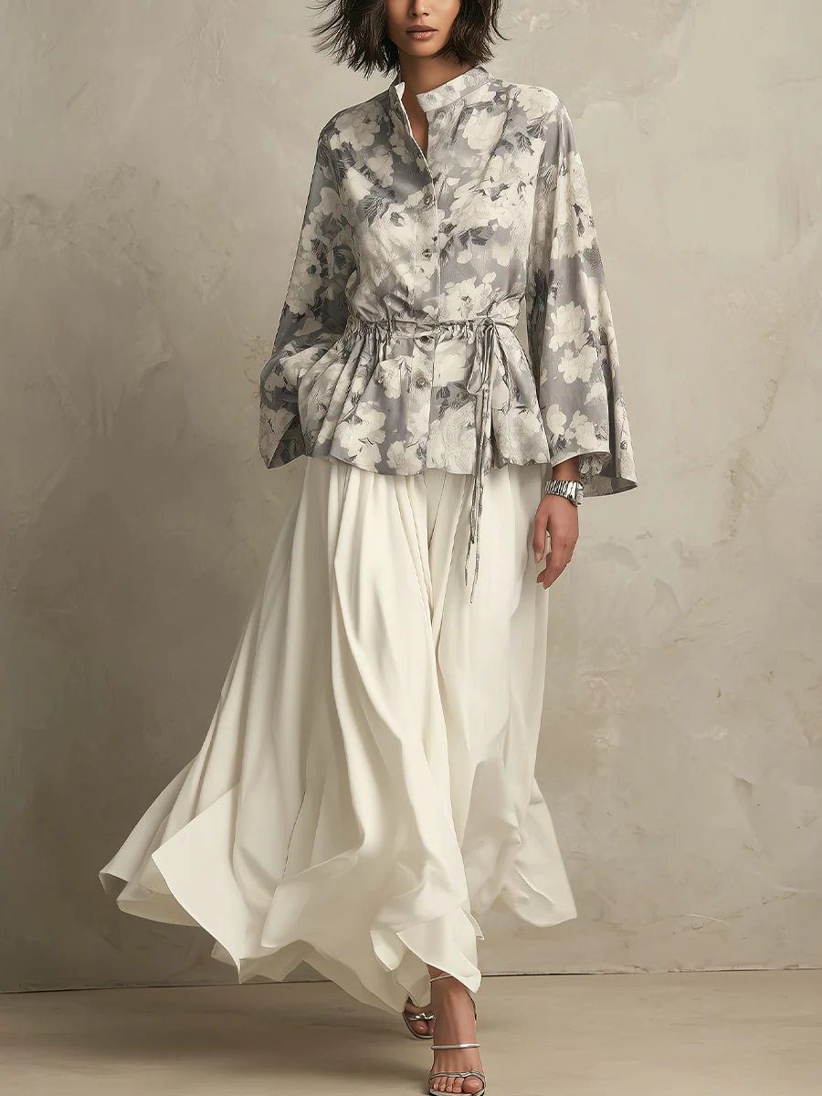Bohemian Gray Floral Print Top And Long Skirt Set