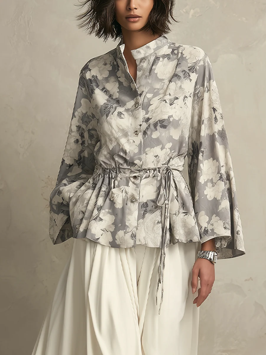 Bohemian Gray Floral Print Top And Long Skirt Set - Image 2