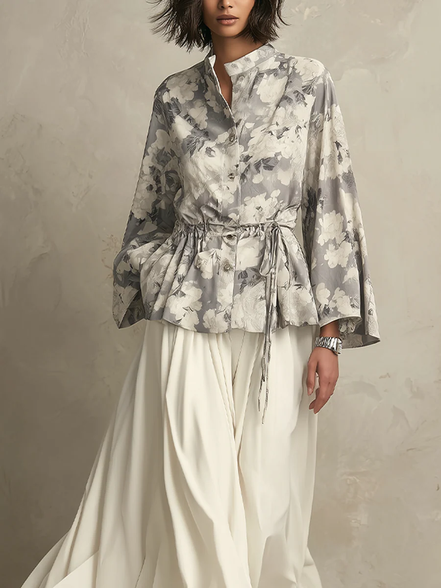 Bohemian Gray Floral Print Top And Long Skirt Set - Image 3
