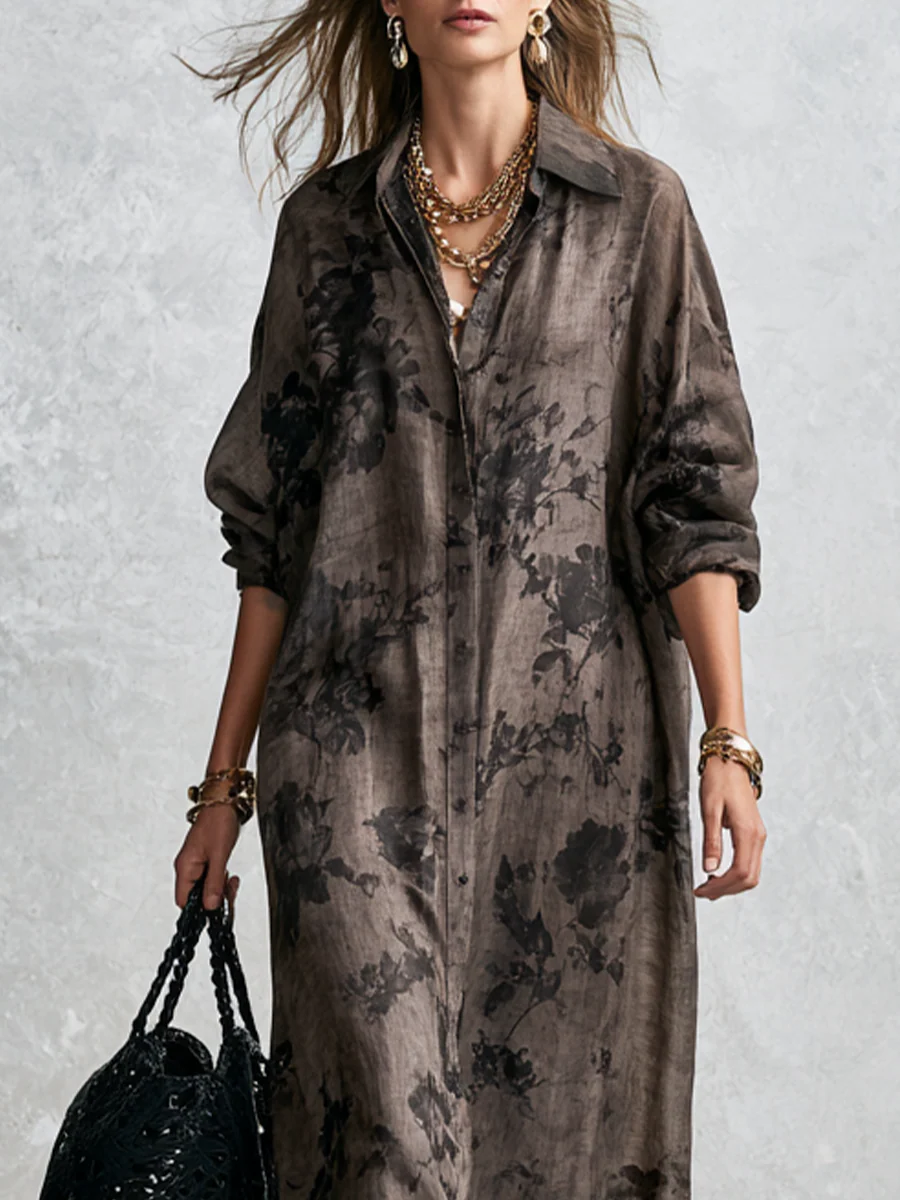 Bohemian Gray Floral Shirt Dress - Image 2