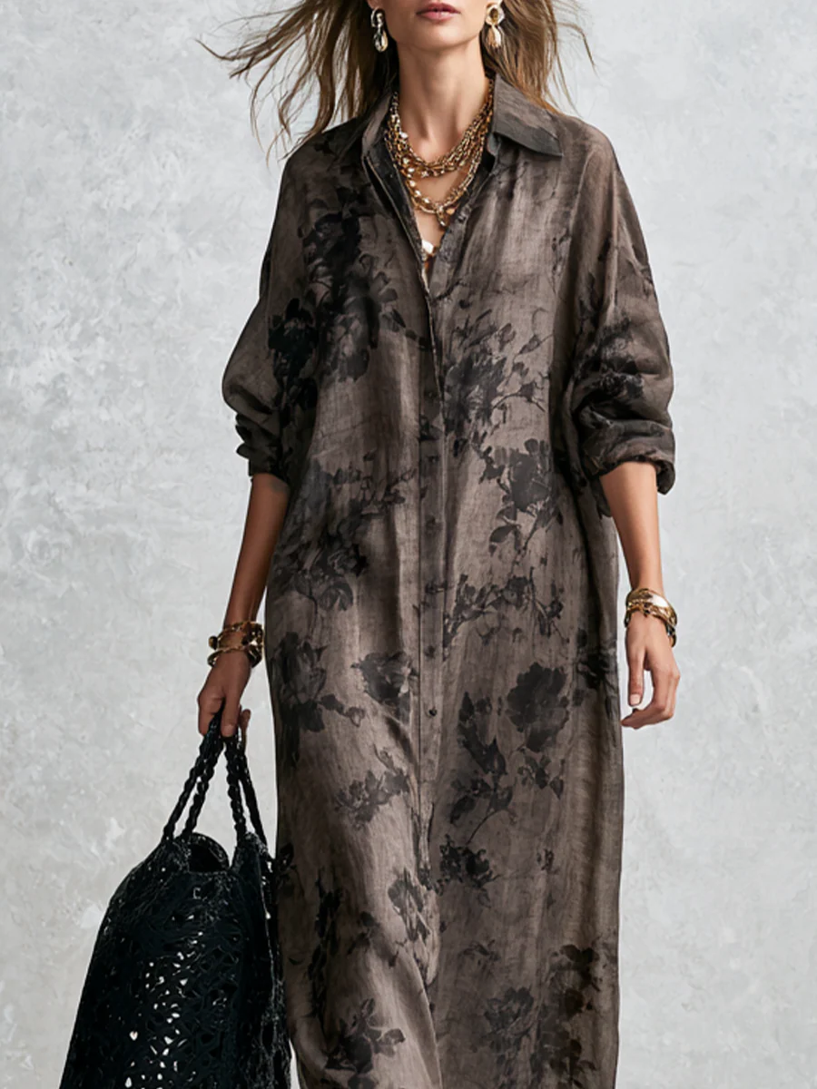 Bohemian Gray Floral Shirt Dress - Image 3