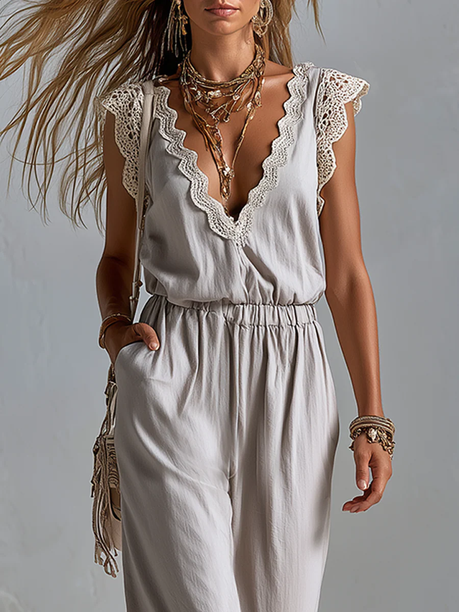 Bohemian Gray Lace Trimmed Jumpsuit - Image 3