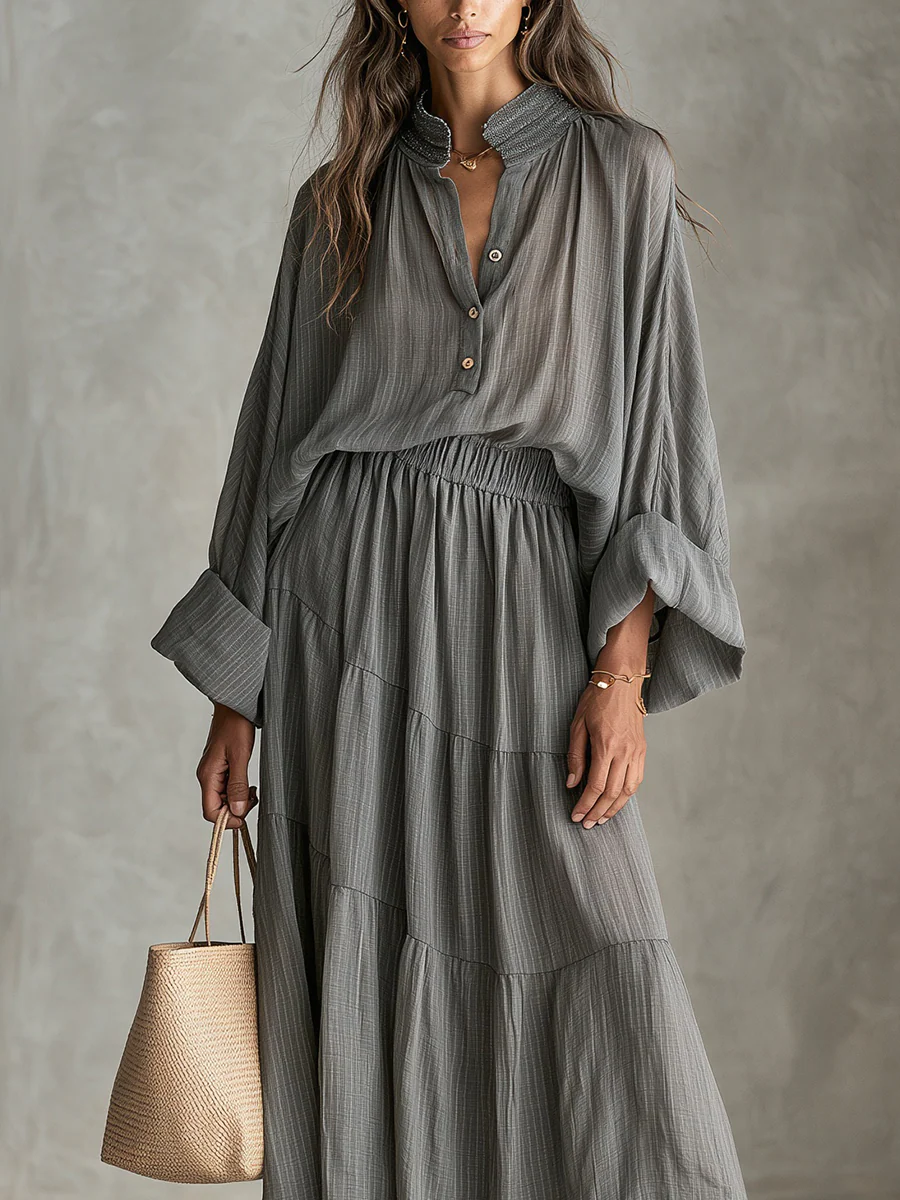 Bohemian Gray Textured Skirt Suit - Image 2
