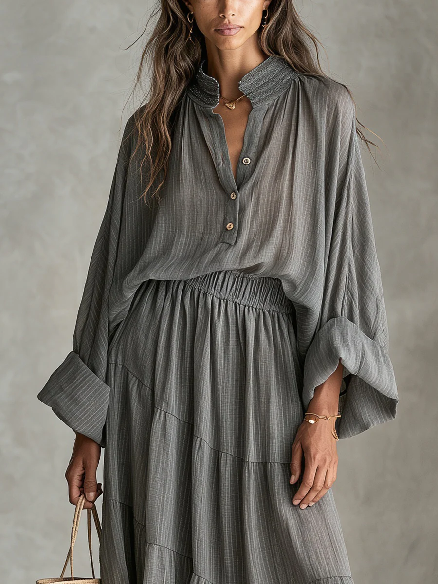 Bohemian Gray Textured Skirt Suit - Image 3