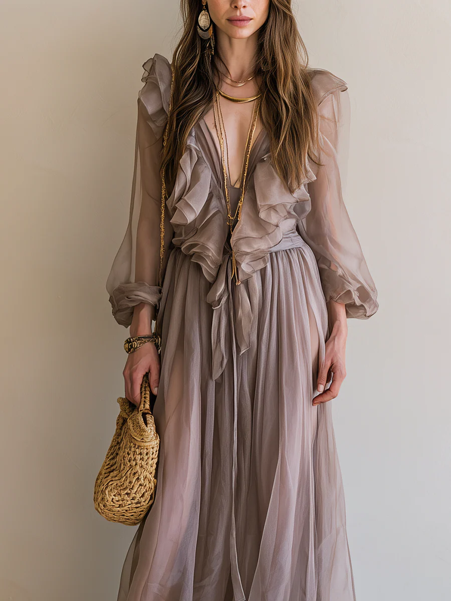 Bohemian Grey-brown Ruffled Maxi Dress - Image 2