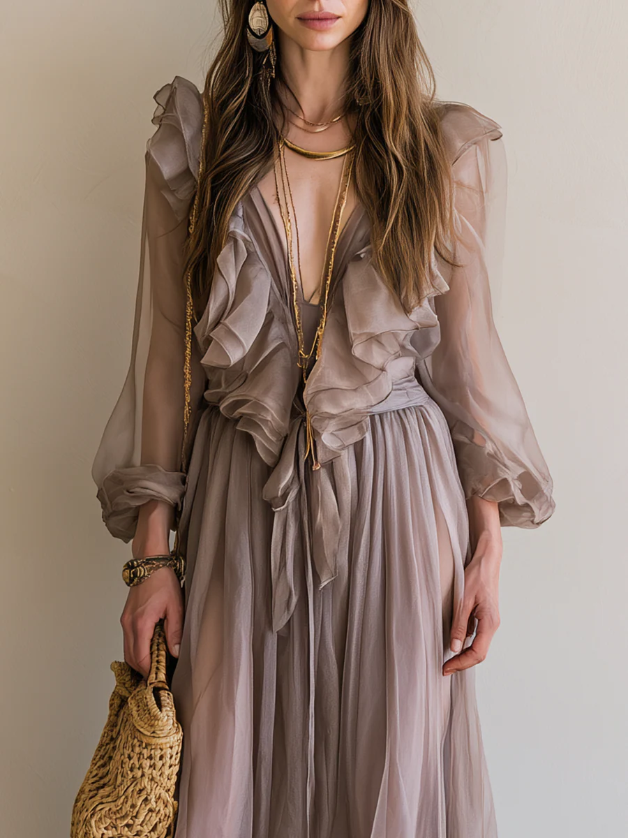 Bohemian Grey-brown Ruffled Maxi Dress - Image 3