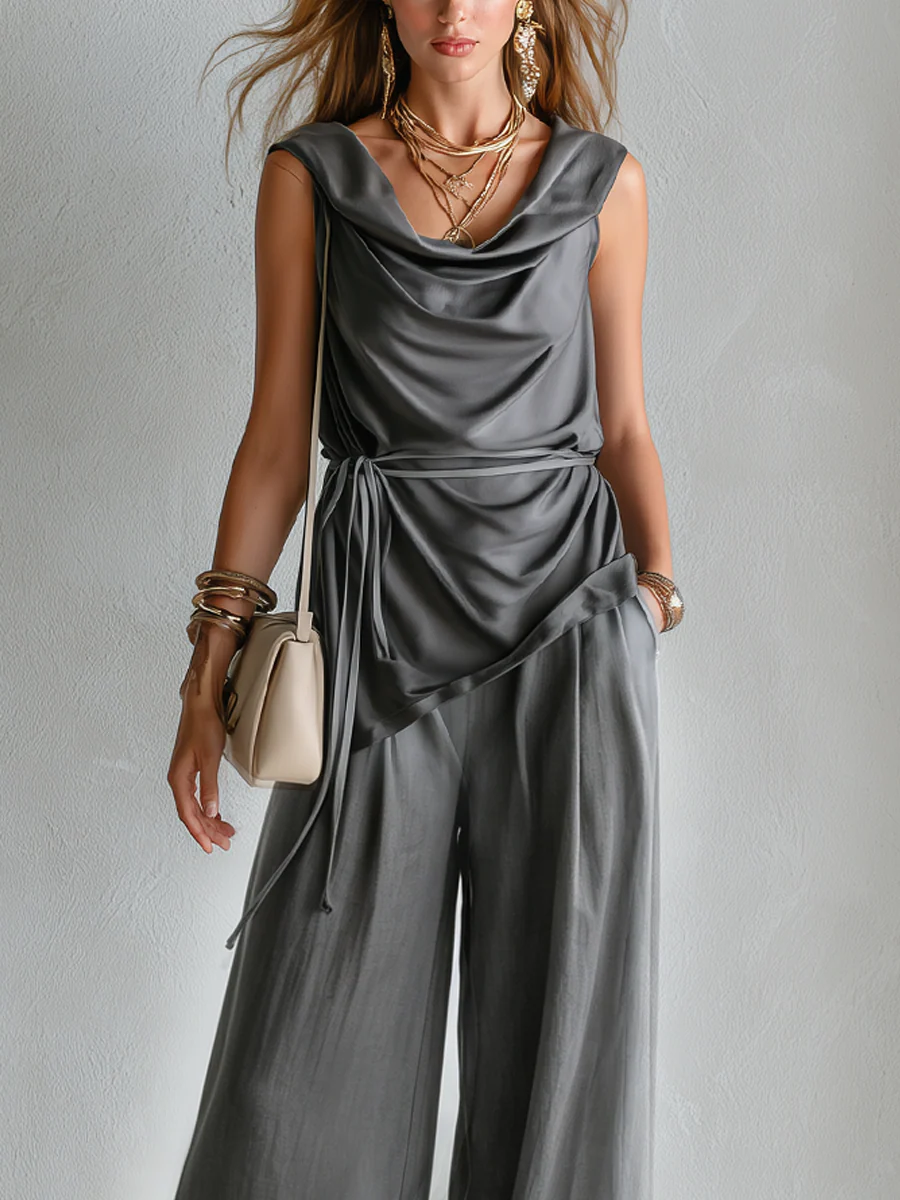 Bohemian Grey Pleated Neck Wide-Leg Trouser Suit - Image 2