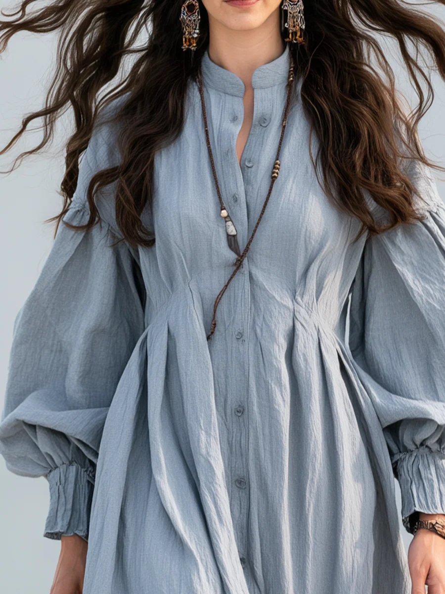 Bohemian Grey Tiered Ruffle Button Maxi Dress - Image 2