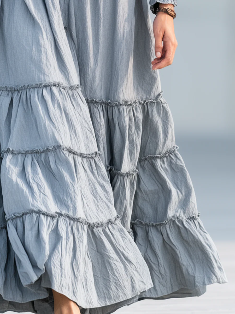 Bohemian Grey Tiered Ruffle Button Maxi Dress - Image 3