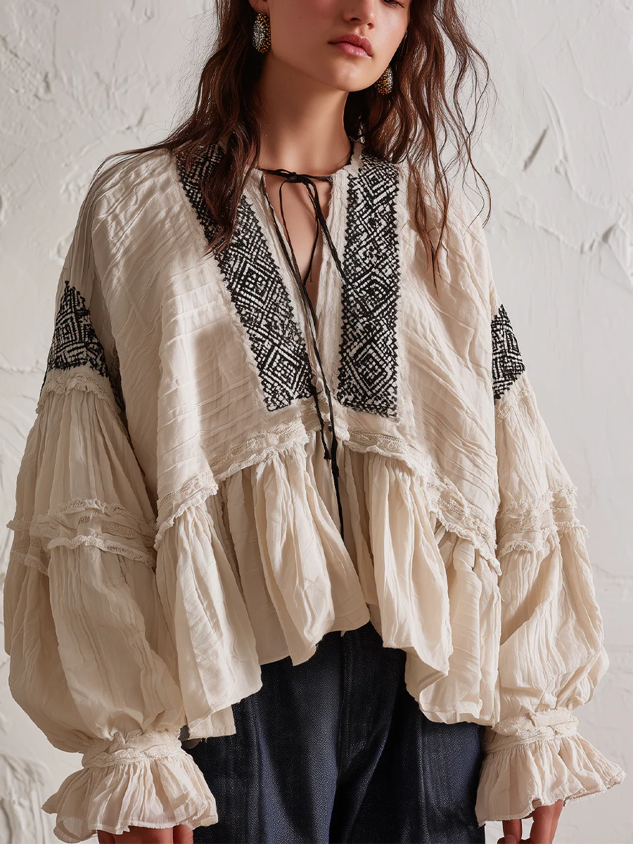 Bohemian Ivory Embroidered Ruffle Blouse