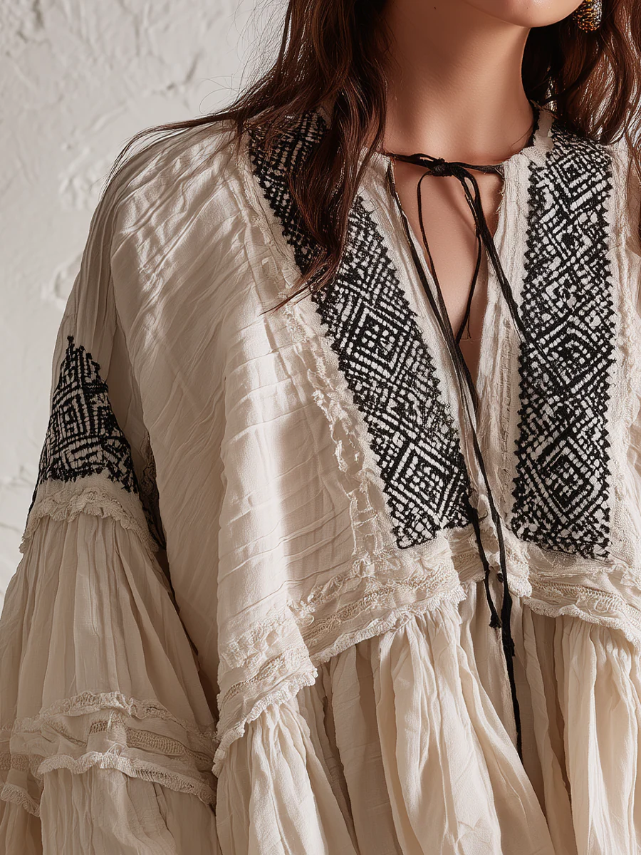 Bohemian Ivory Embroidered Ruffle Blouse - Image 2