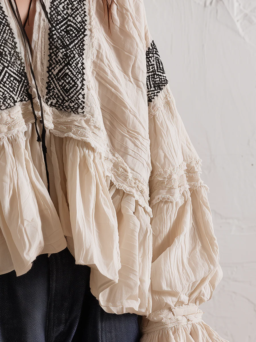 Bohemian Ivory Embroidered Ruffle Blouse - Image 3
