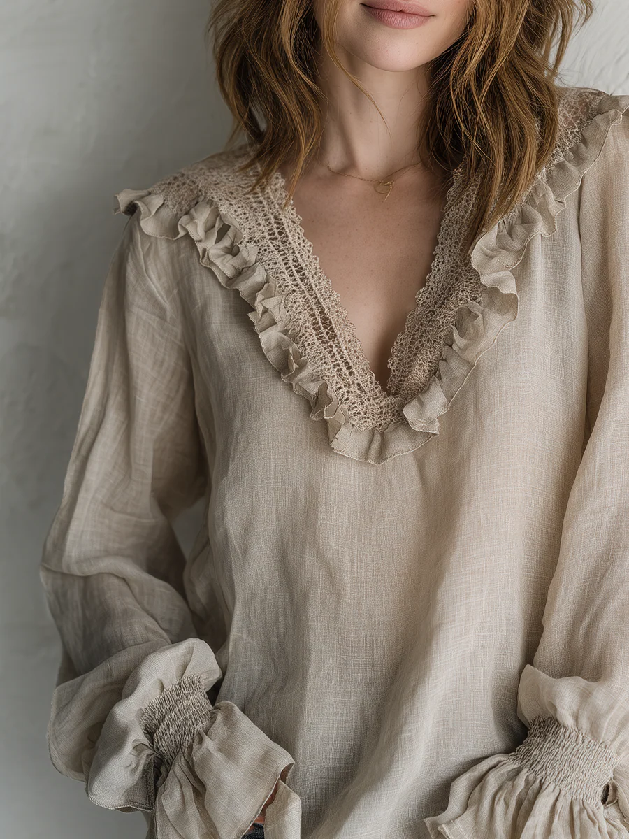 Bohemian Khaki Lace V-neck Shirt - Image 2