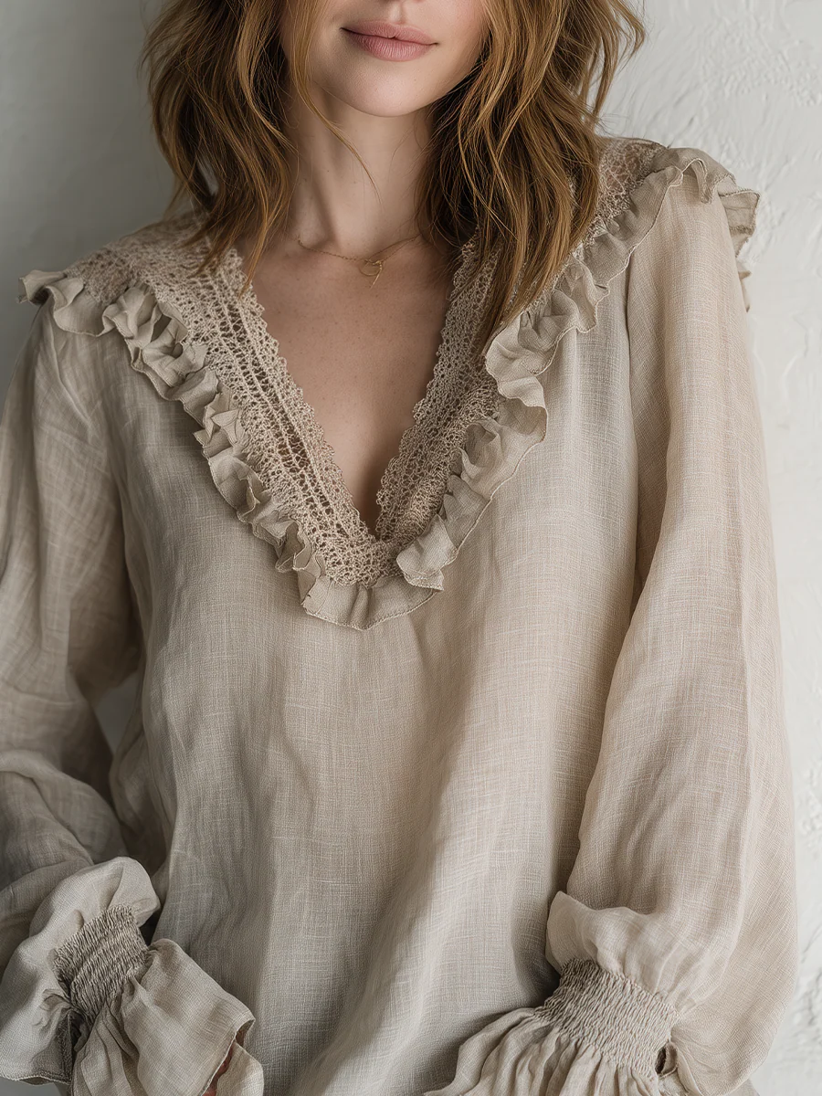 Bohemian Khaki Lace V-neck Shirt - Image 3