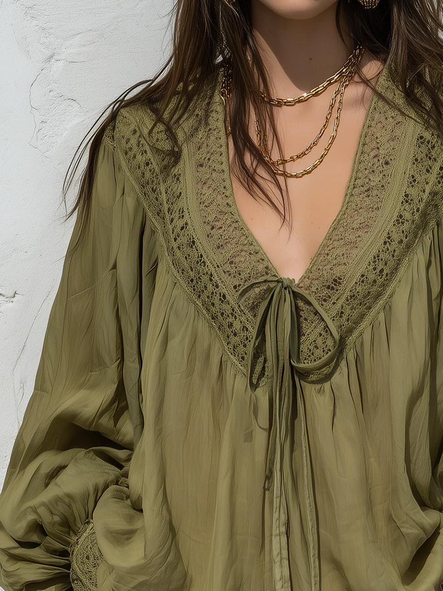 Bohemian Lace Trim Tie Front Blouse - Image 2