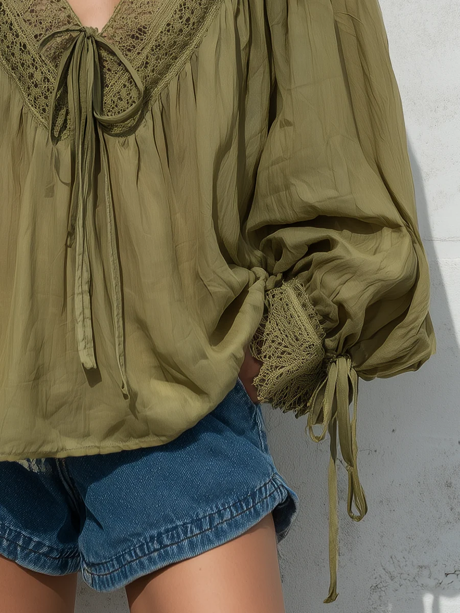 Bohemian Lace Trim Tie Front Blouse - Image 3