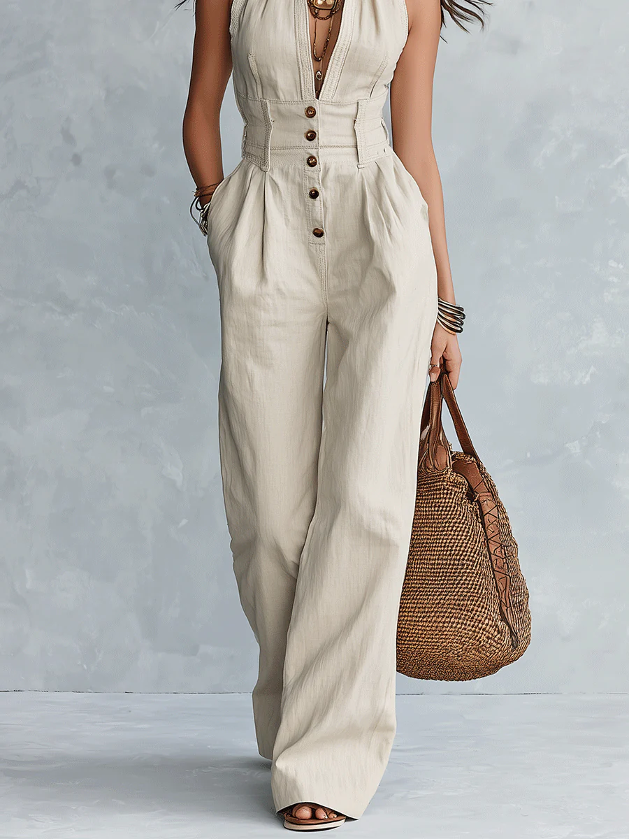 Bohemian Linen Resort Ivory Halter Button-Front Jumpsuit - Image 3