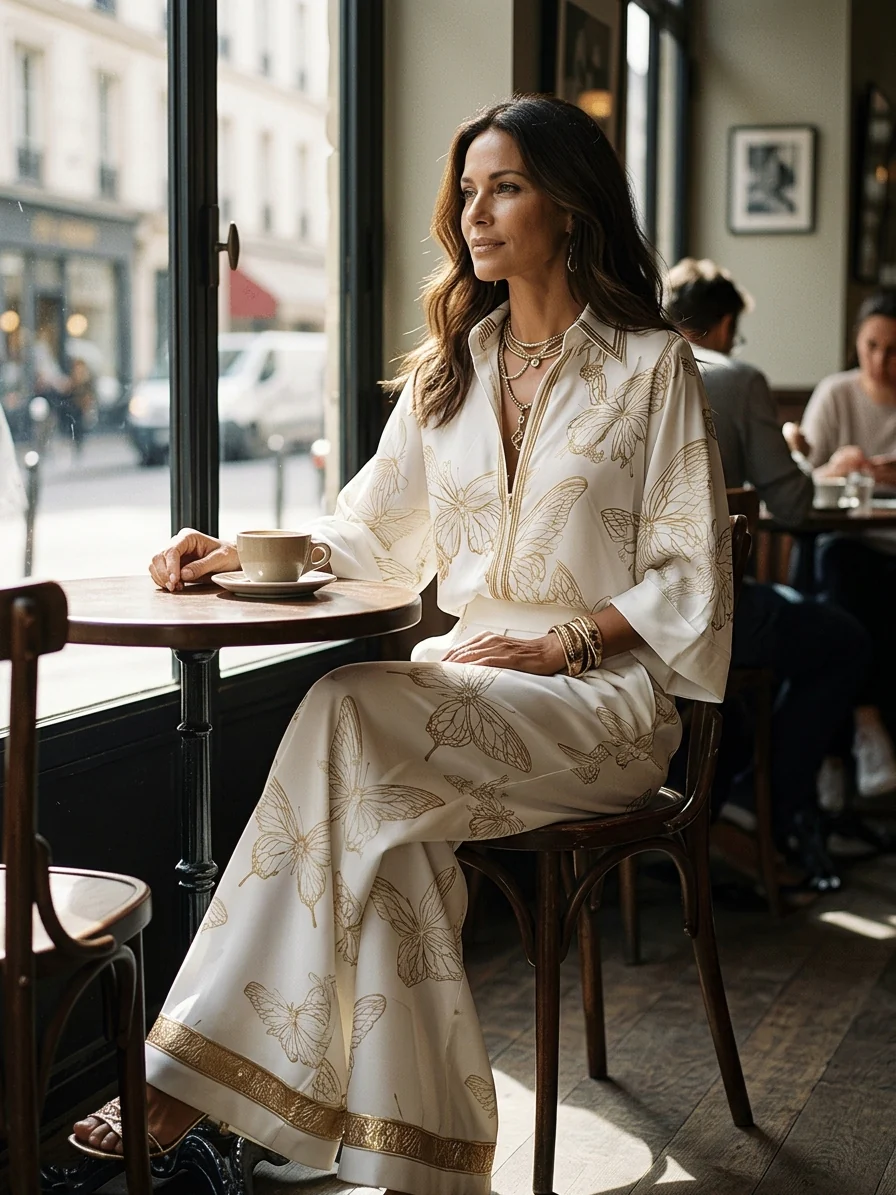 Bohemian Luxe Butterfly Jacquard Blouse & Wide-Leg Pants Set - Image 3