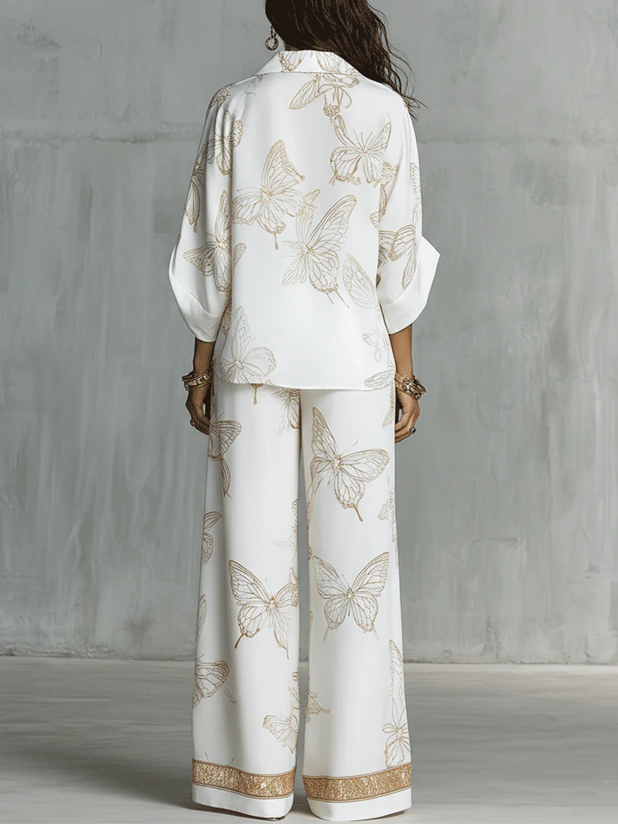 Bohemian Luxe Butterfly Jacquard Blouse & Wide-Leg Pants Set - Image 5