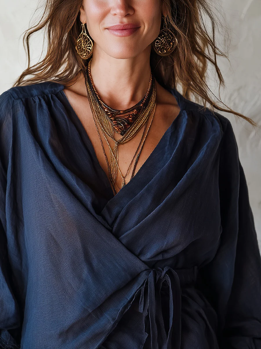 Bohemian Midnight Blue Cotton Linen Ruffle Shirt - Image 2