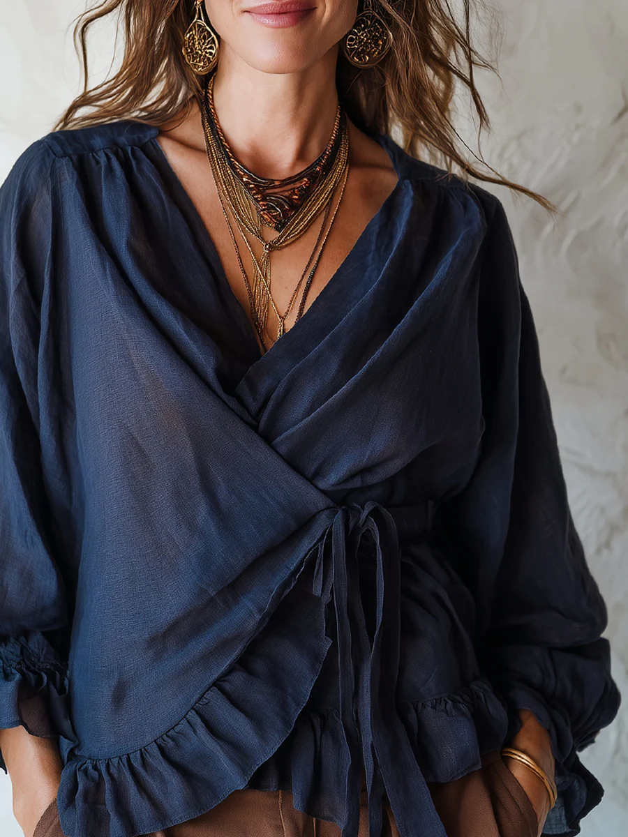 Bohemian Midnight Blue Cotton Linen Ruffle Shirt - Image 3
