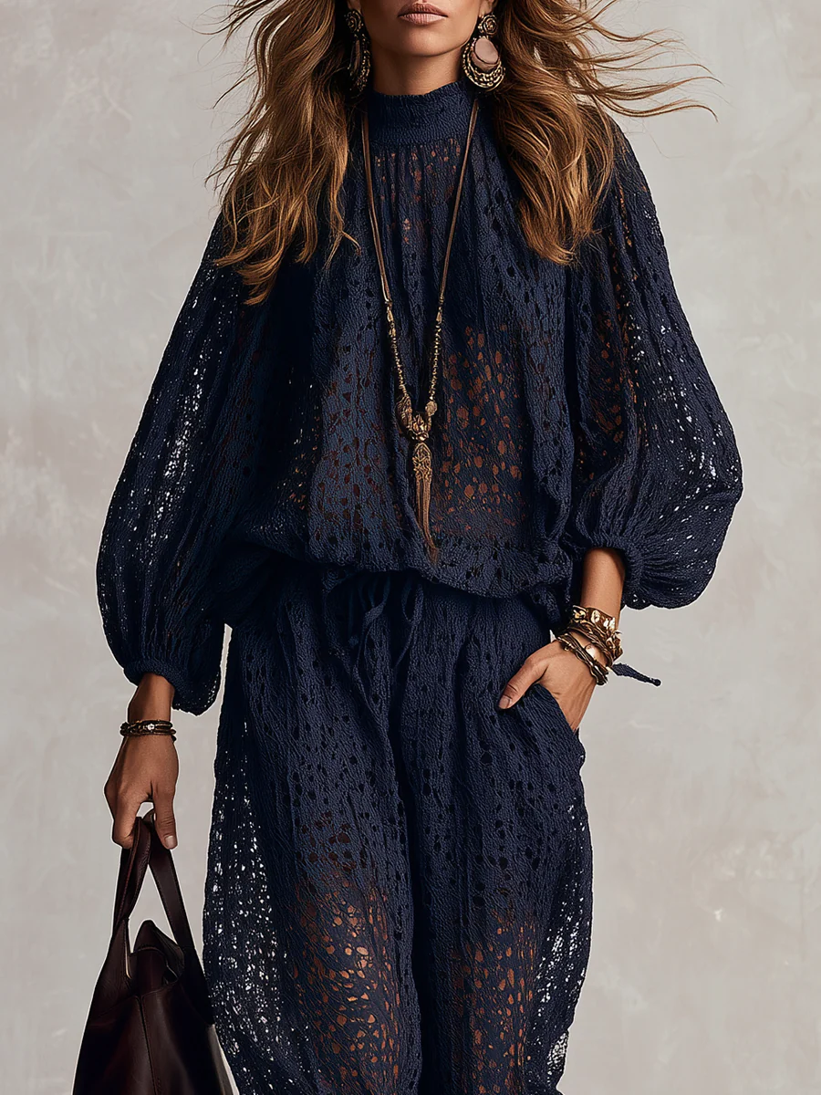 Bohemian Midnight Blue Hollow-Out Top And Pants Set - Image 2