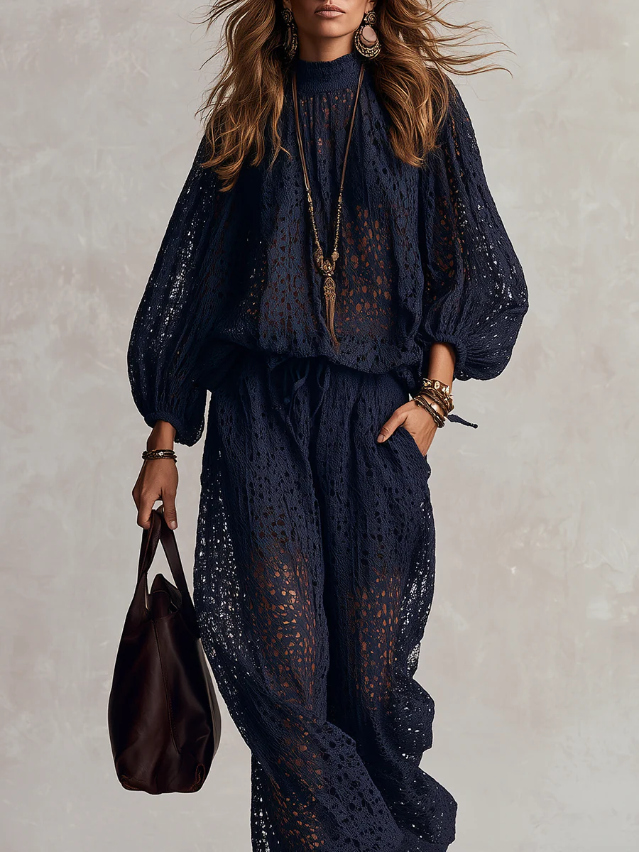 Bohemian Midnight Blue Hollow-Out Top And Pants Set - Image 3