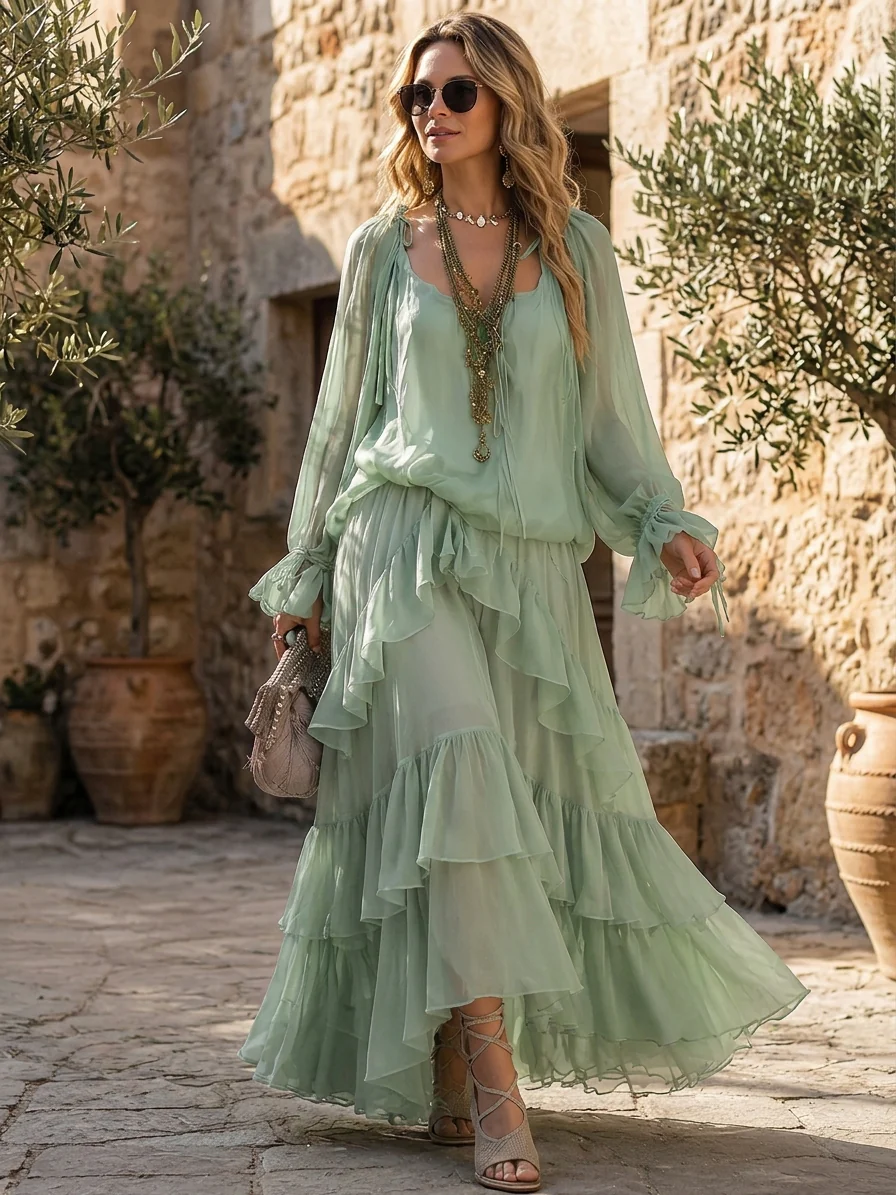 Bohemian Mint Chiffon Ruffle Blouse With Layered Skirt - Image 3