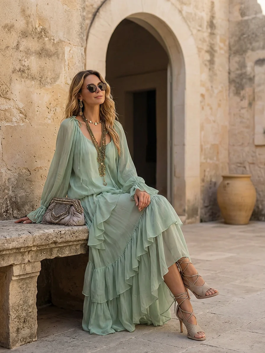 Bohemian Mint Chiffon Ruffle Blouse With Layered Skirt - Image 4