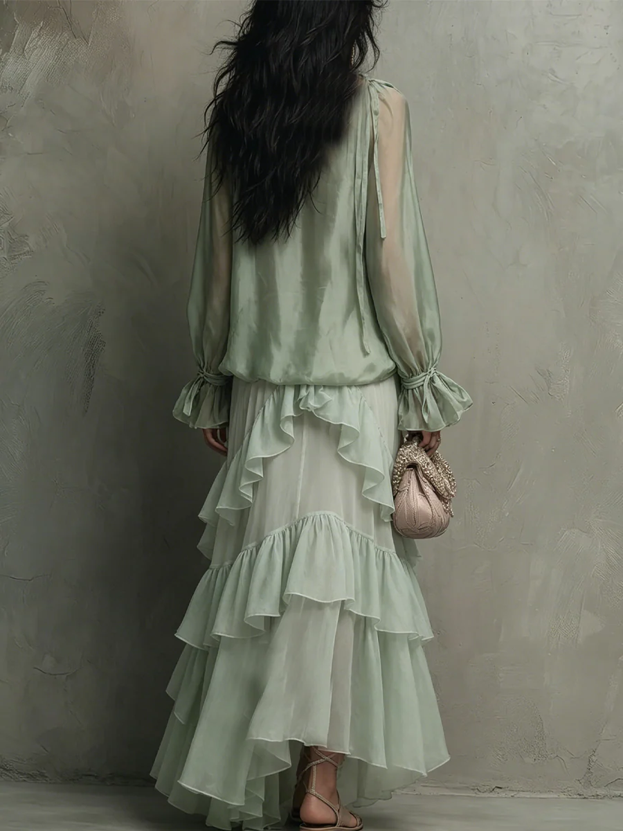Bohemian Mint Chiffon Ruffle Blouse With Layered Skirt - Image 5