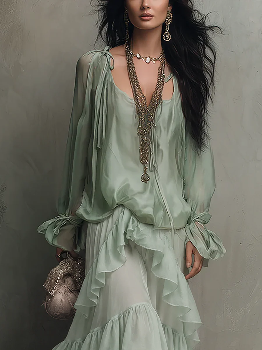 Bohemian Mint Chiffon Ruffle Blouse With Layered Skirt - Image 6