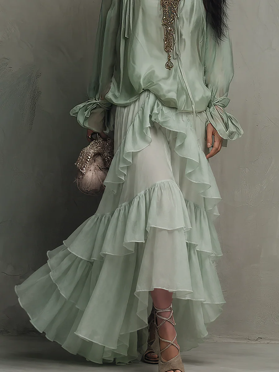 Bohemian Mint Chiffon Ruffle Blouse With Layered Skirt - Image 7