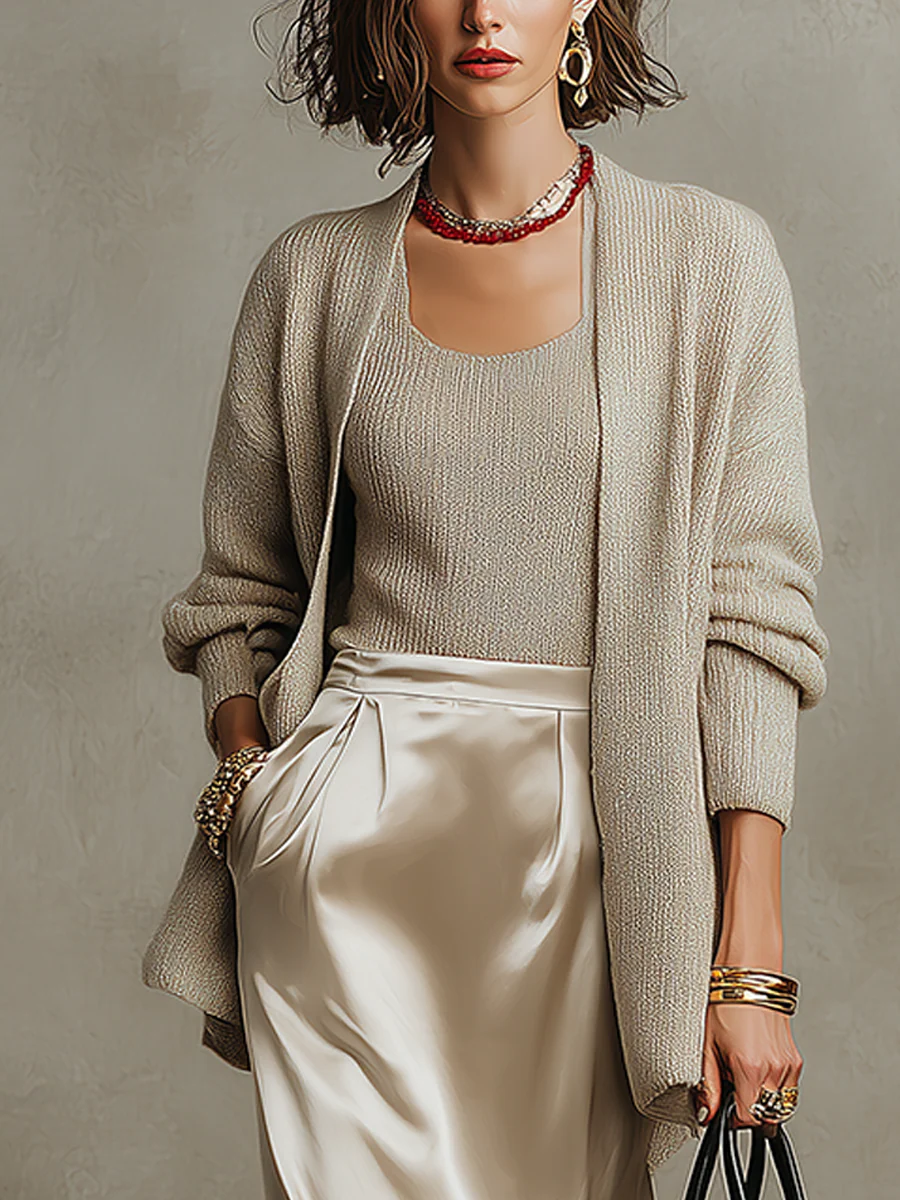 Bohemian Oatmeal Knit Top And Satin Skirt Set - Image 3