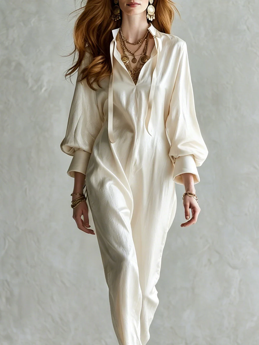 Bohemian Off White Satin Jumpsuit - Image 3