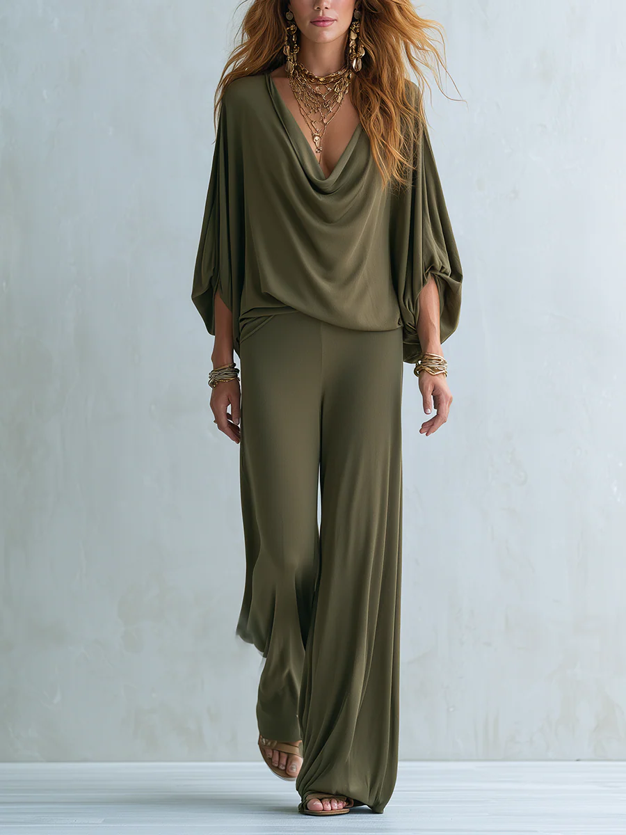 Bohemian Olive Green Batwing Sleeve Top Trousers Suit