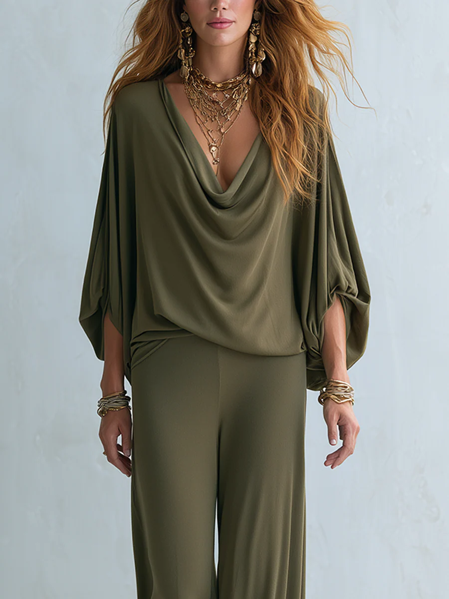 Bohemian Olive Green Batwing Sleeve Top Trousers Suit - Image 2