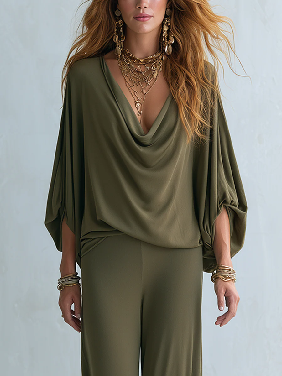 Bohemian Olive Green Batwing Sleeve Top Trousers Suit - Image 3