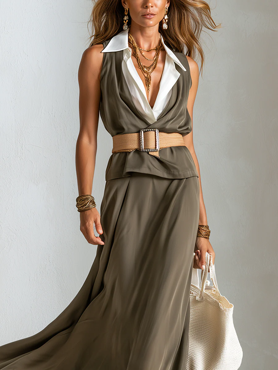 Bohemian Olive Green Lapel Maxi Dress - Image 2