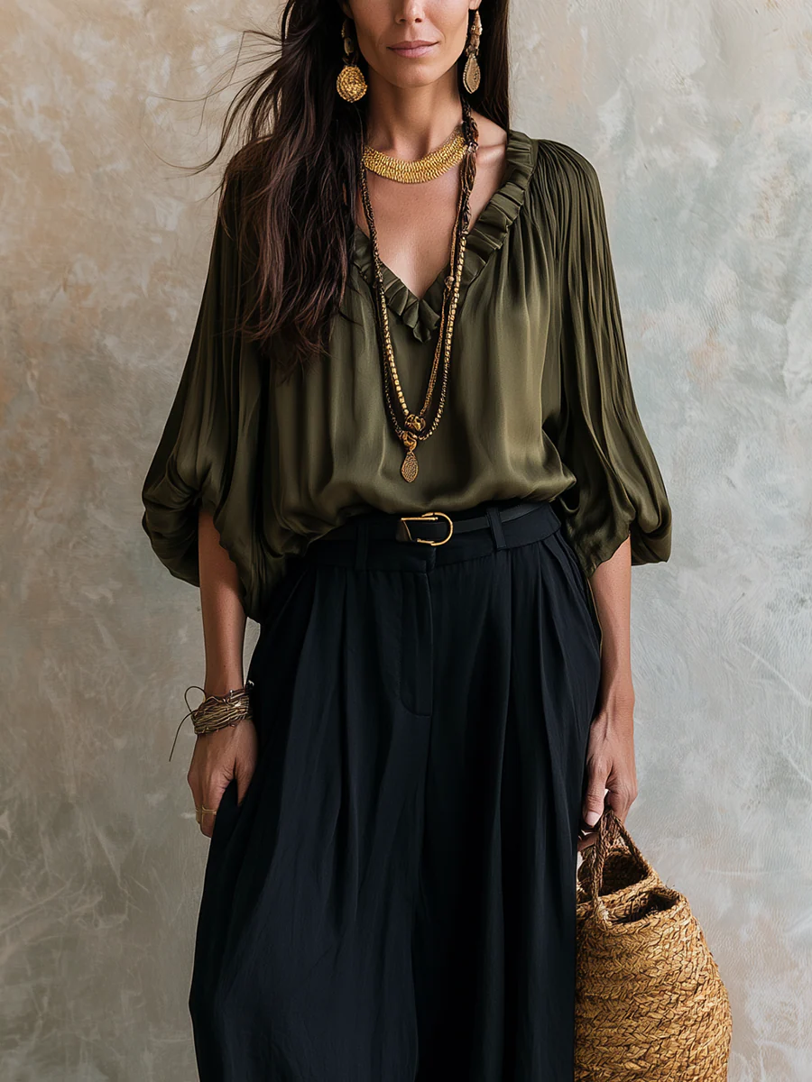 Bohemian Olive Green Ruffled Top And Lantern Pants Set - Image 2