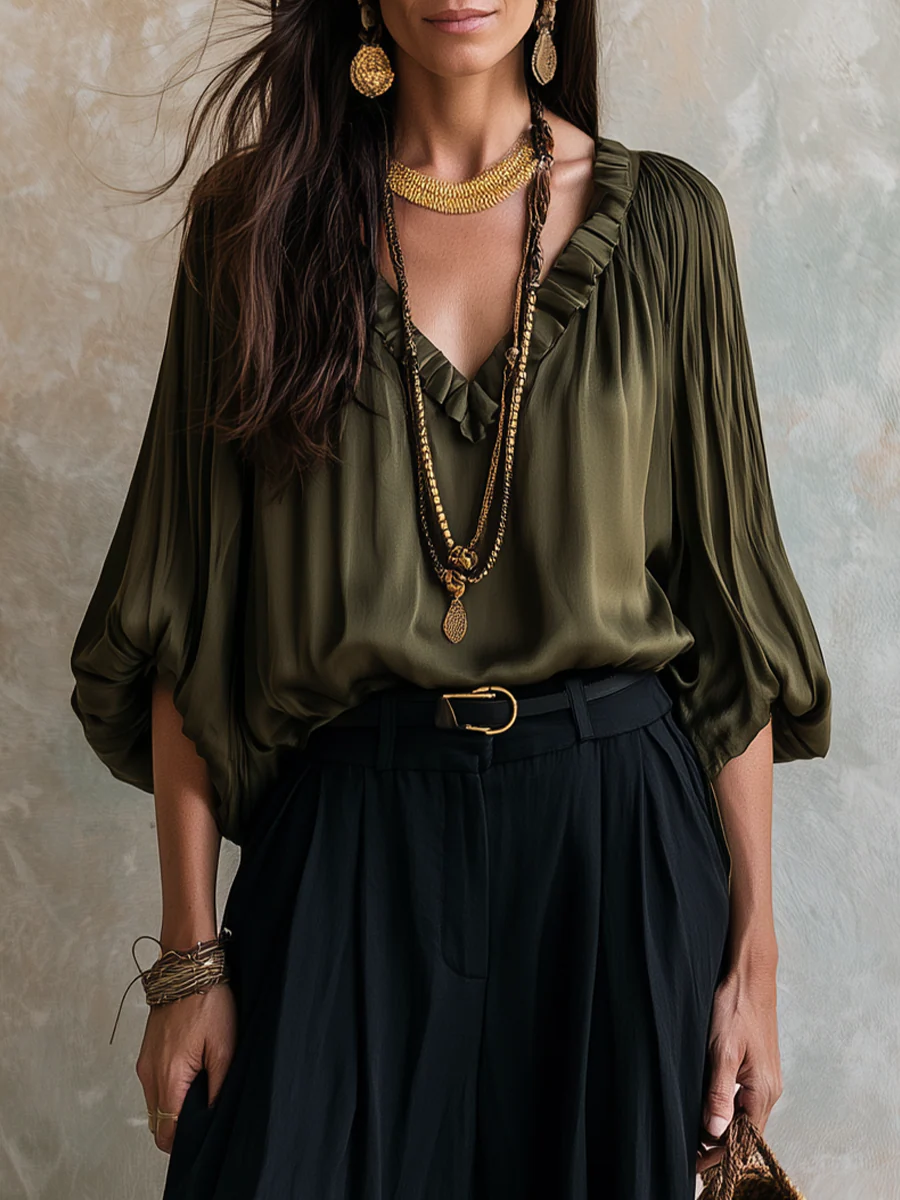 Bohemian Olive Green Ruffled Top And Lantern Pants Set - Image 3