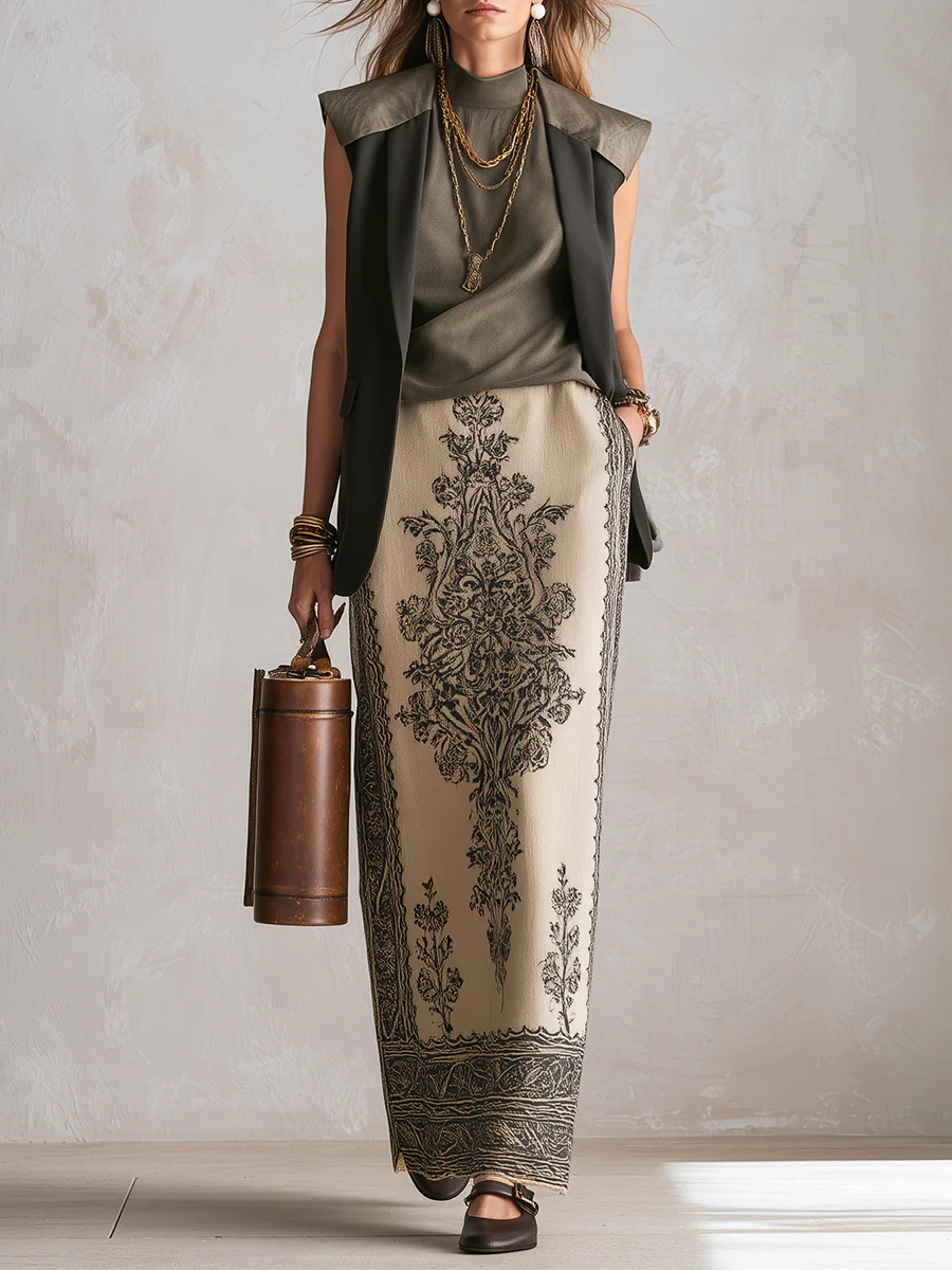Bohemian Olive Green Sleeveless Vest And Skirt Set