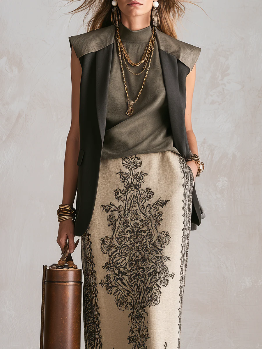 Bohemian Olive Green Sleeveless Vest And Skirt Set - Image 2