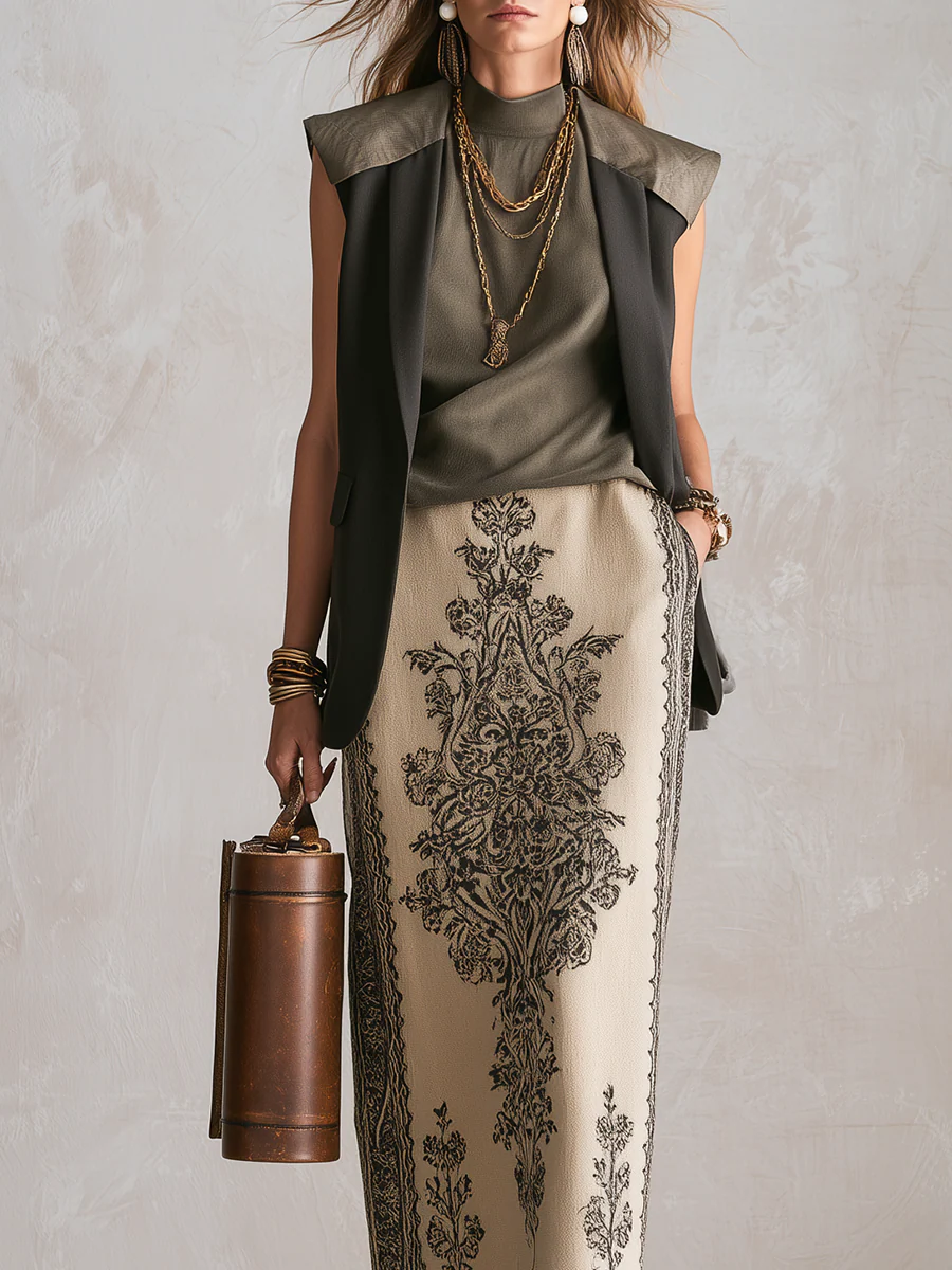Bohemian Olive Green Sleeveless Vest And Skirt Set - Image 3