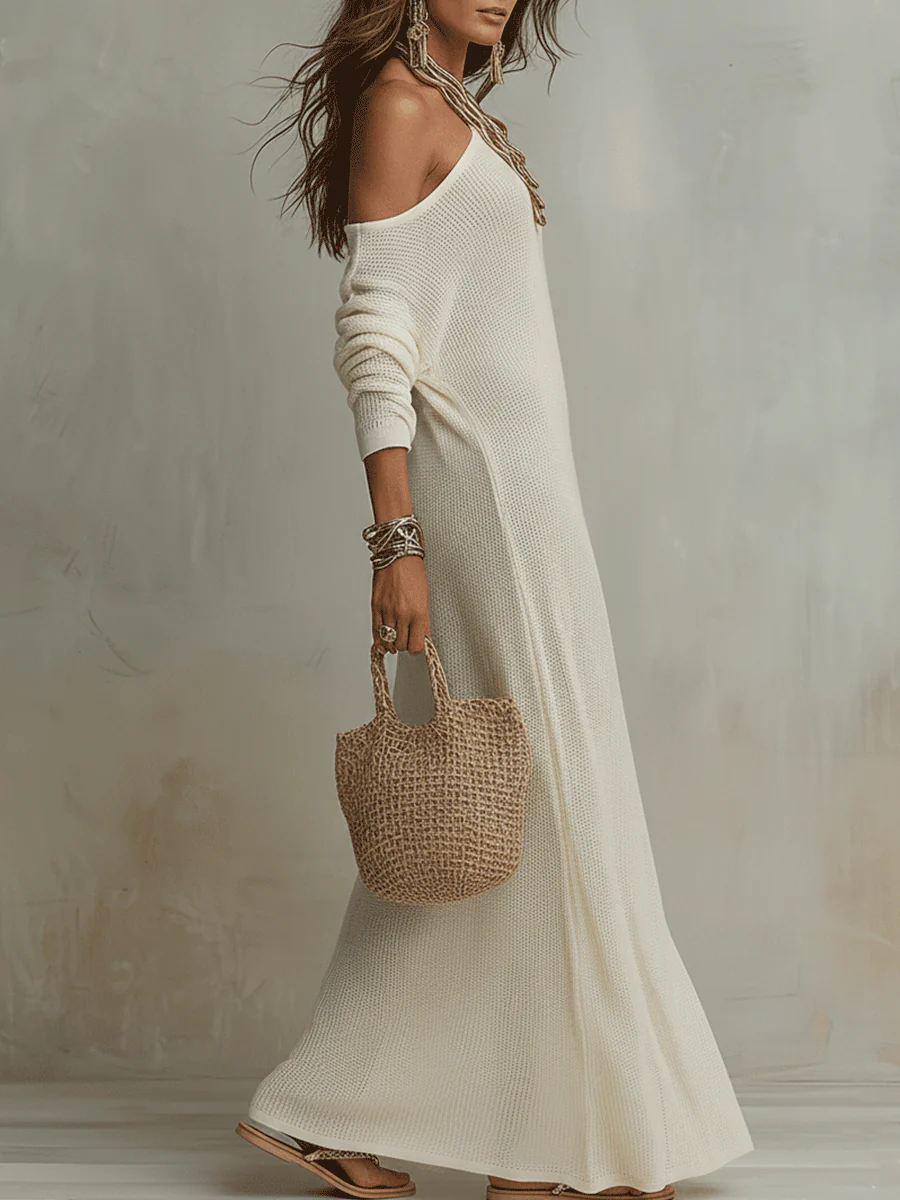 Bohemian One-Shoulder Textured Maxi Dress In Soft Ivory - Image 3